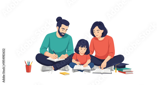 Family sitting together on floor with books.