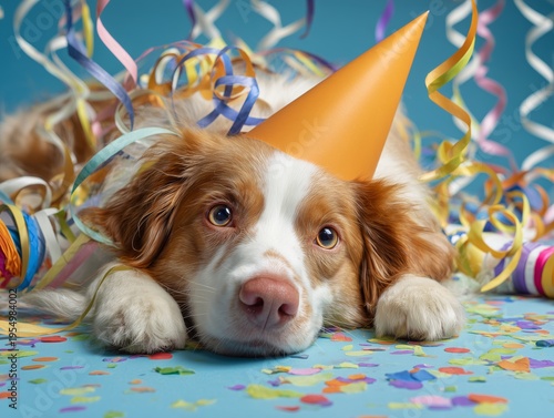 Dog Wears a Party Hat and Rests on Colorful Confetti With Streamers Around
