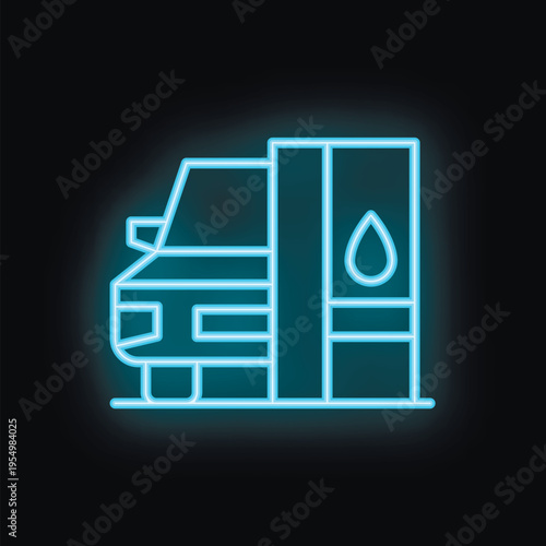 Blue neon icon of a car refueling at a gas station, depicting transportation and energy