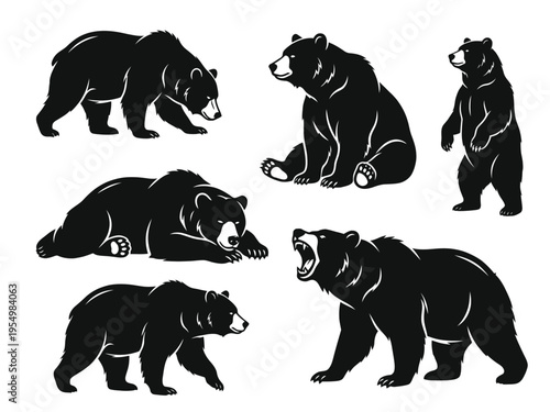 Bear Silhouette Vector Set, Grizzly and Black Bear Poses Collection, Roaring Standing Walking and Sitting Bear Icons, Minimalist Wild Animal Illustrations for Logo and Design, Forest Wildlife Graphics