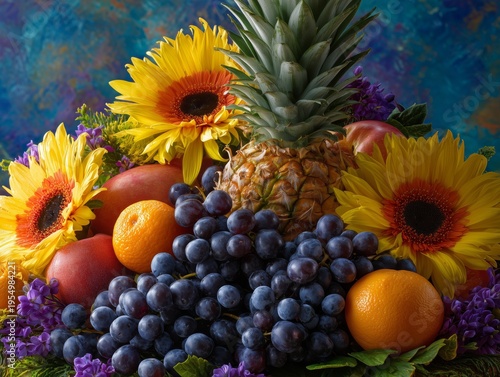 Fresh Fruit and Flowers Arranged in a Display on a Table Indoors