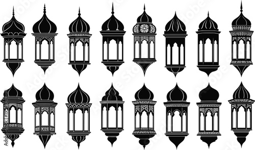 Islamic lantern icons set Ramadan decorative lamps arabic hanging lights traditional ornament vector illustration festive design elements isolated black and white