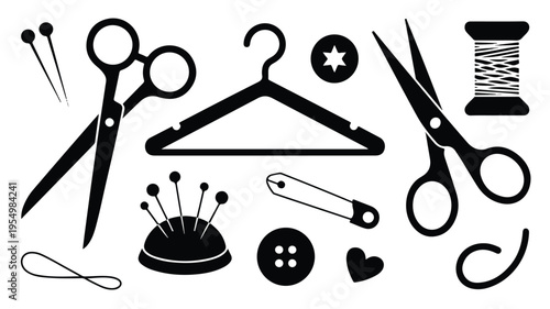 An illustration shows sewing tools icons arranged on a white surface