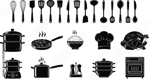 Kitchen utensils icons set cooking tools cookware chef equipment food preparation vector illustration isolated black and white design collection