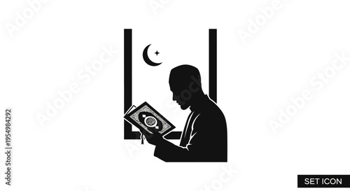 Man reading Quran during Ramadan at night.