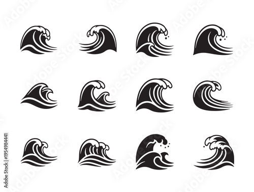 A set of black wave icons in various stages of formation