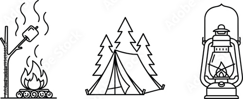 Camping, campfire, roasting, marshmallow, outdoor, adventure, tent, forest, lantern, vintage, line, icon, set, minimal, vector, illustration, travel, nature, night, survival