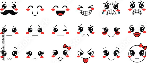 Cartoon facial expression vector illustration collection, cute emoticon artwork, emotional reaction icons, character design, playful mood symbols, flat vector illustration