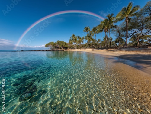 Crystal Clear Water Meets Sandy Beach With a Rainbow in the Sky During Daytime