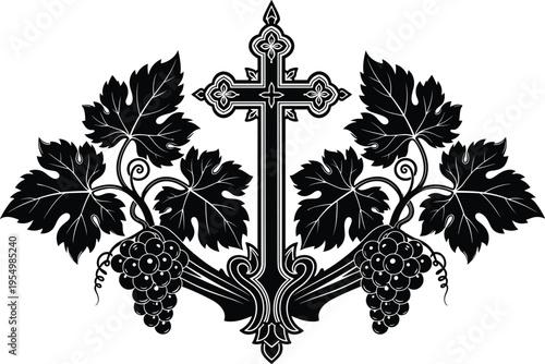Christian cross with grapevine silhouette, religious communion symbol, ornate Eucharist design, faith heritage artwork, decorative spiritual icon, flat vector illustration