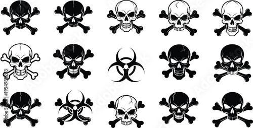 Skull and crossbones icons set, danger poison symbols collection, biohazard sign, black and white vector silhouettes isolated on white background illustration