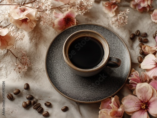 Coffee Cup Sits on a Plate Surrounded by Flowers and Coffee Beans on a Soft F...