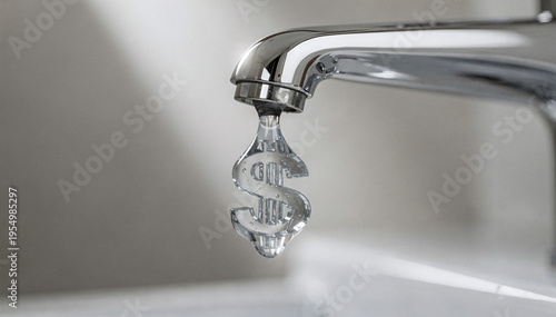 Clear Water Drop with Currency Symbol Hanging from Faucet Spout Close-up