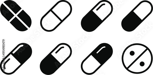 Medical pill and capsule icon set featuring black silhouettes and minimalist outline symbols for pharmacy healthcare and medicine bottle labels.