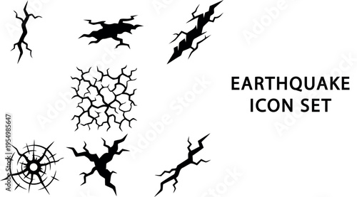  black crack and fracture patterns displayed in square frames on transparent background