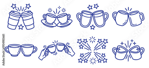 Blue outline coffee cup toasting symbols. Clinking tea mug doodle illustration set. Editable line art EPS graphic elements for cafe posters. Teamwork vector layout icons. 