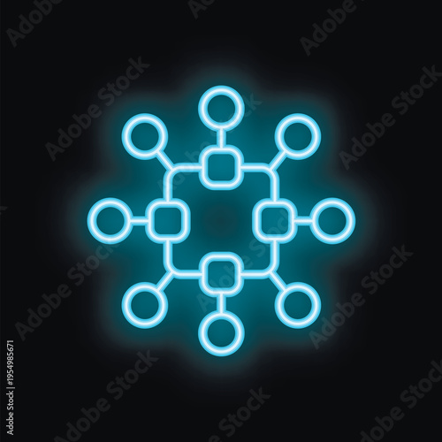Neon blue icon of a blockchain technology network connecting concept