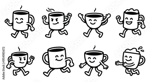 Black and white coffee cup mascot illustrations. Funny running hot drink line art characters. Cartoon style EPS vector doodle elements. Cute jumping cafe mug design symbols. 