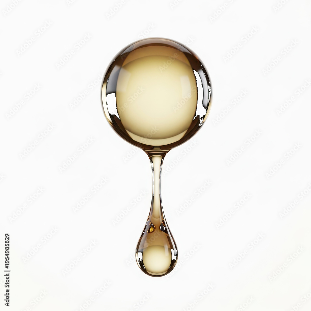 Fototapeta premium Golden liquid drop falling from a spherical glass vessel on a white background isolated on a transparent background