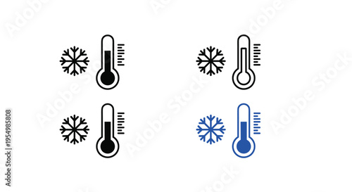 cold, temperature, thermometer, snowflake, icon, set, winter, weather, freeze, climate, blue, black, line, symbol, minimal, vector, frost, degree, icy, design