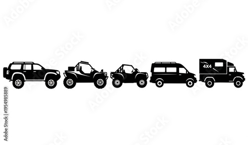 Off road vehicle silhouettes set with 4x4 suv truck atv and adventure transport vector collection