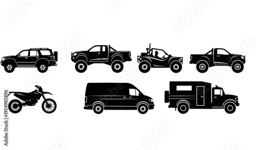 Off road vehicle silhouettes set with 4x4 suv truck atv and adventure transport vector collection