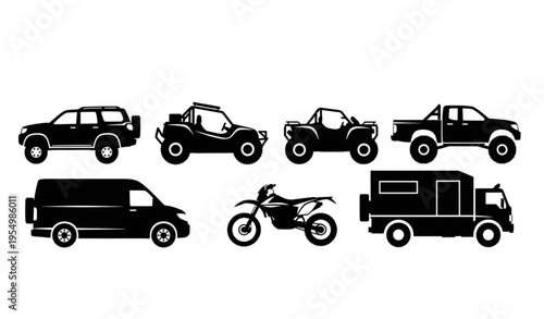 Off road vehicle silhouettes set with 4x4 suv truck atv and adventure transport vector collection