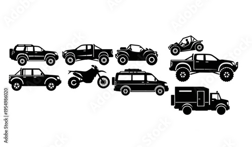 Off road vehicle silhouettes set with 4x4 suv truck atv and adventure transport vector collection