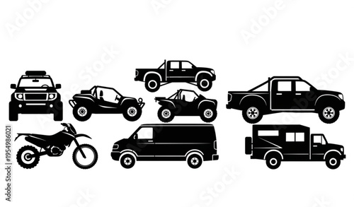 Off road vehicle silhouettes set with 4x4 suv truck atv and adventure transport vector collection