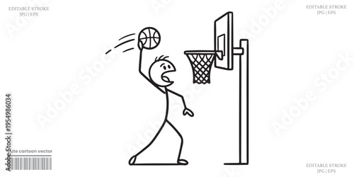 Basketball player shooting dunk line art black white vector illustration