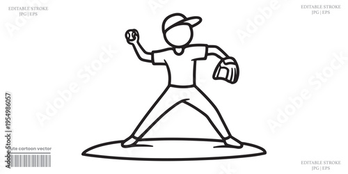 Baseball pitcher throwing ball black and white line art illustration vector