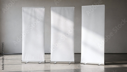 Three blank roll up banners stand tall in a light filled contemporary room