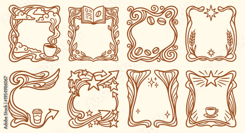 Art Nouveau vintage coffee frame designs. Brown line art decorative borders set. EPS vector graphic elements for cafe shop menus. Star and coffee bean doodle illustrations. 