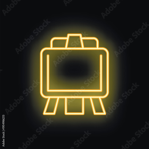 Bright yellow neon sign of an easel is glowing on a black background