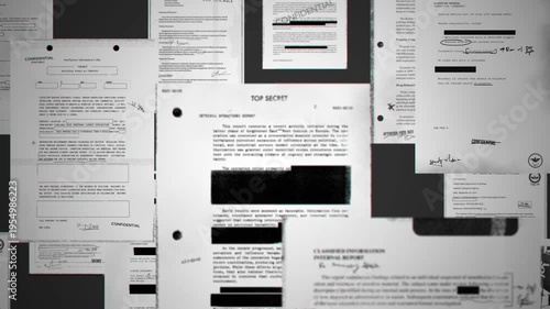 Top secret classified documents and reports with censored text and info. Various confidential official looking government spy agency files and intelligence gathering data memos on dark background