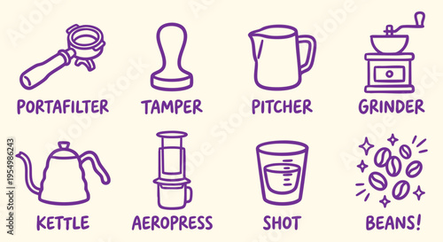 Barista coffee equipment and brewing tools. Purple outline grinder and portafilter icons. EPS vector graphic elements for cafe shop menus. Coffee bean doodle illustration set. 