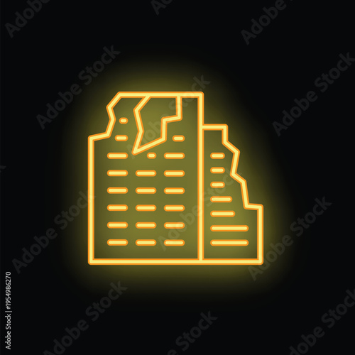 Yellow glowing neon icon of a damaged building, possibly representing the aftermath of an earthquake