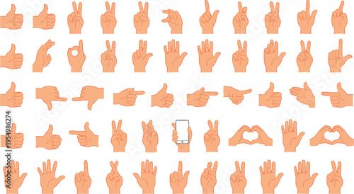 Hand gesture icons set including thumb up peace point palm heart and phone signs