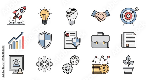 Business icons set with finance security and growth symbols