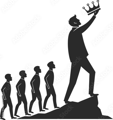 King/Leadership: A group of people with one person at the top wearing a crown.