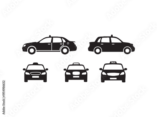 Taxi car collection, urban transport vehicles, passenger service automobiles, black silhouettes