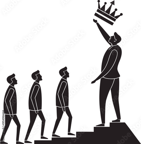 King/Leadership: A group of people with one person at the top wearing a crown.