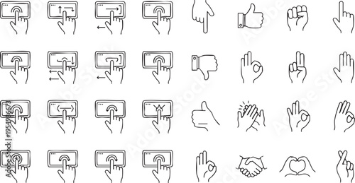 Various hand gesture line icons for mobile touchscreens and communication signs.