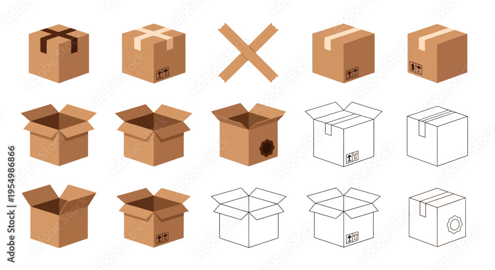 Fototapeta premium Brown cardboard boxes and their illustrations.