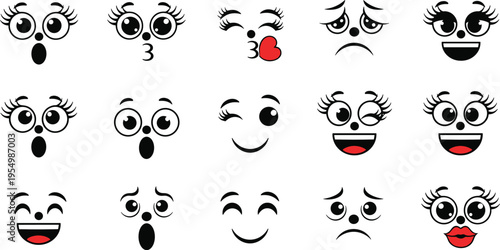 cute emoji faces vector set, cartoon expressions illustration, funny smiley characters, kawaii emotions collection, facial icons, happy sad wink love