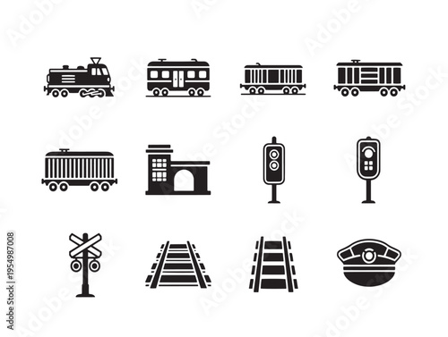 A collection of various train and railway station icons