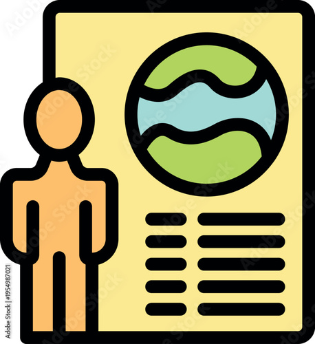 Geography teacher presenting earth globe on a poster with text description for educational purposes