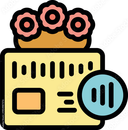 Credit card with flowers and contactless payment symbol is offering cashless transactions