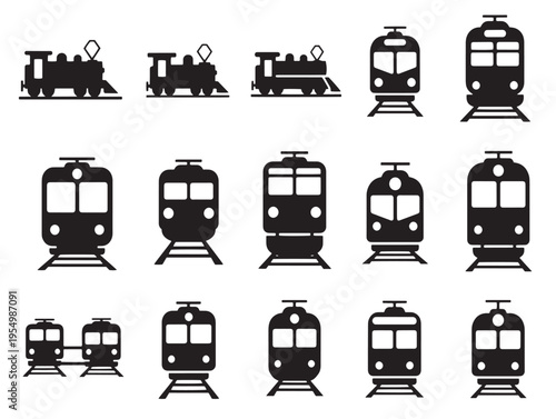 A collection of black silhouettes of various tram cars
