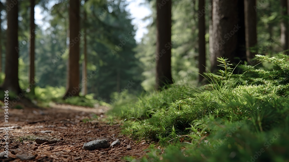 Fototapeta premium A serene forest path unfolds bordered by lush green moss and grass leading into a tranquil woodland with d d sunlight